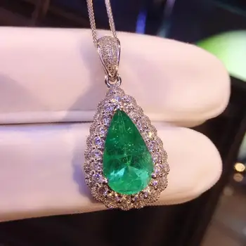 شراءمجوهرات AEAW 2.15ct الطبيعية الزمرد قلادة شكل الكمثرى الأخضر الأحجار الكريمة قلادة قلادة للنساء غرامة مجوهرات 14jk الذهب الأبيض