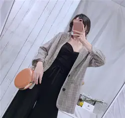 2019 новая Офисная Женская клетчатая Блейзер длинный рукав хаки однобортная осенняя куртка с карманом