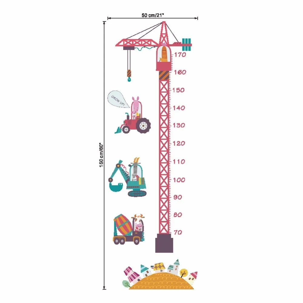 Розовый журавль инженерный автомобиль измерения высоты стикер стены для детской комнаты мультфильм Фреска ПВХ Рост Диаграмма домашние наклейки художественные обои