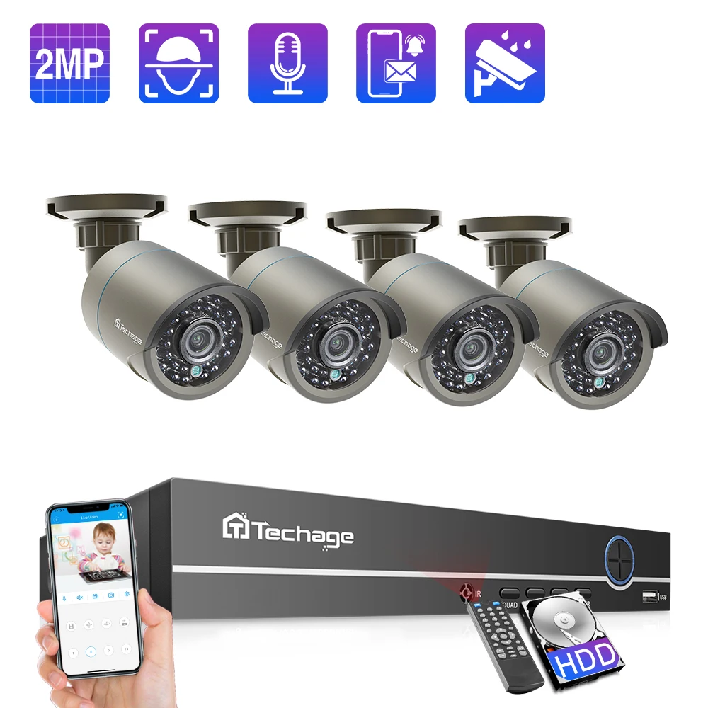 Камера видеонаблюдения Techage 4 канала 1080P POE NVR 2 МП аудиосвязь подходит для
