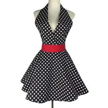 

Deep V-Neck Black And White Spots Sexy Aprons For Women Chic Cotton Manicure Apron Coffee Restaurant Kitchen Waiter Chef Apron