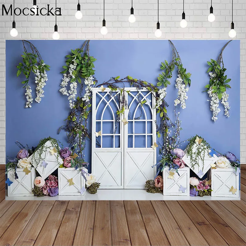 

Mocsicka White Door Photography Background Plant Light Blue Dried Flowers Backdrop Child Portrait Photo Decoration Props Studio
