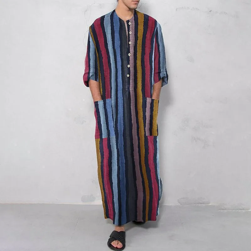 Men Islamic Arab Muslim Kaftan Round Collar Long Sleeve Pockets Vintage Robes Middle East Solid Striped Jubba Thobe S-5XL | Тематическая