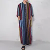 Men Islamic Arab Muslim Kaftan Round Collar Long Sleeve Pockets Vintage Robes Middle East Solid Men Striped Jubba Thobe S-5XL