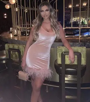 

2020 Summer Women U Neck Sleeveless Spagtettli Strap Feathers Pink Bandage Dress Vestidos Fashion Elegant Female Min Club Dress