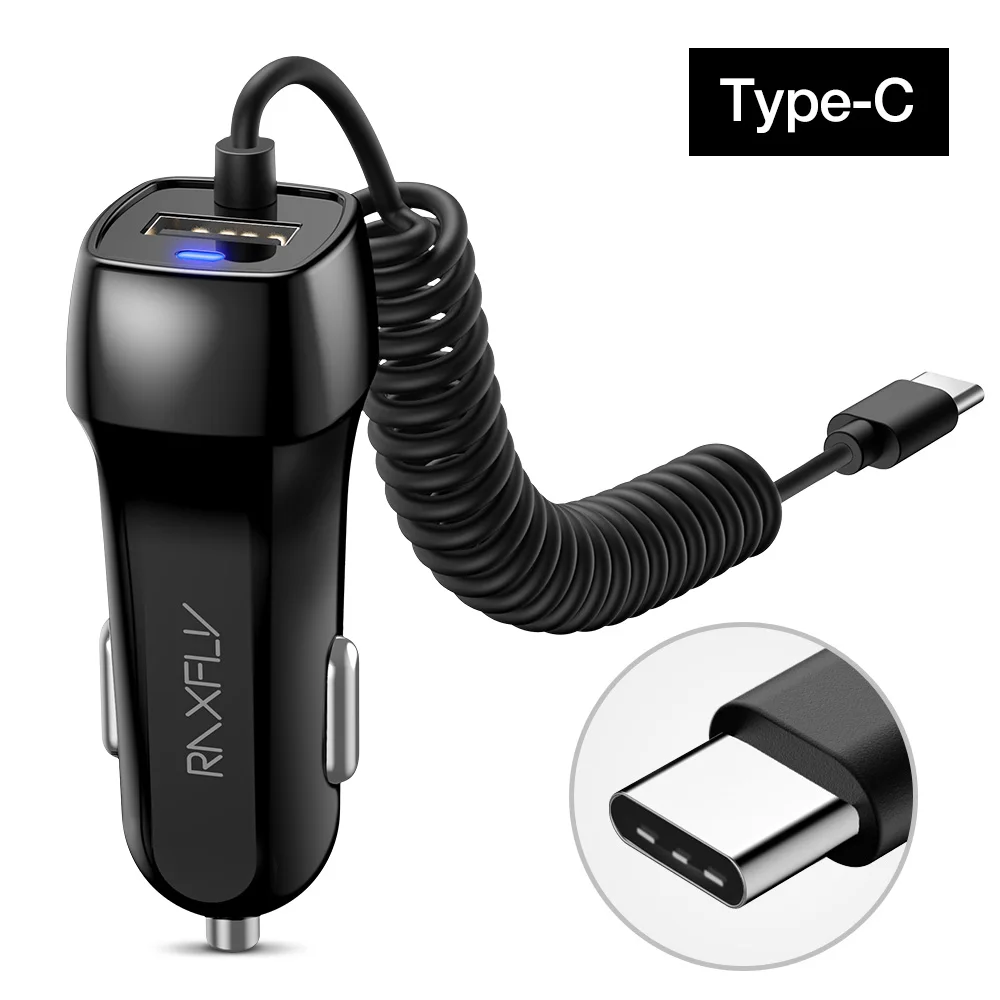 RAXFLY Car Charger With Spring Micro USB Type C Cable For iPhone 12 11 XR 8 Cigarette Lighter USB Truck Car Charger For Phone 12 v usb Chargers