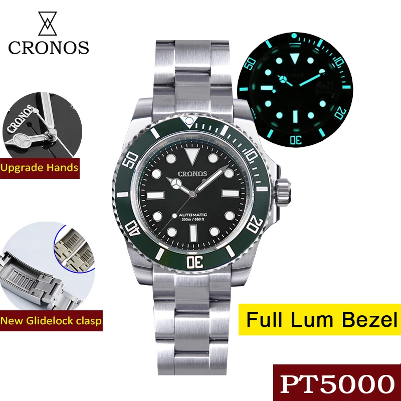 Роскошные мужские часы Cronos Diver из нержавеющей стали PT5000 браслет керамическая