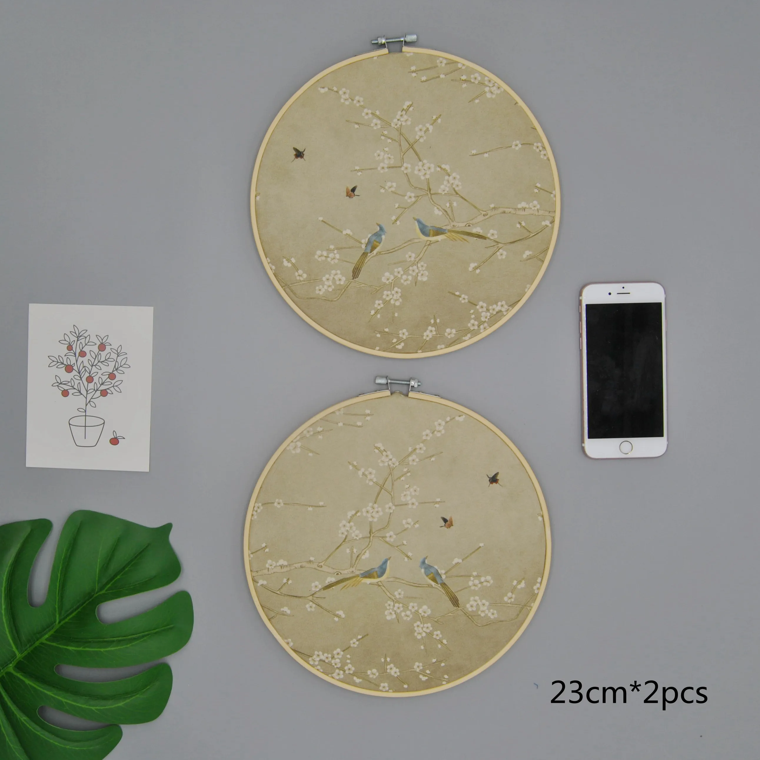 

(2pcs/set) original design Nature Bamboo round fabric wall decorations room décor white plum blossoms velet printing No.XT23-1