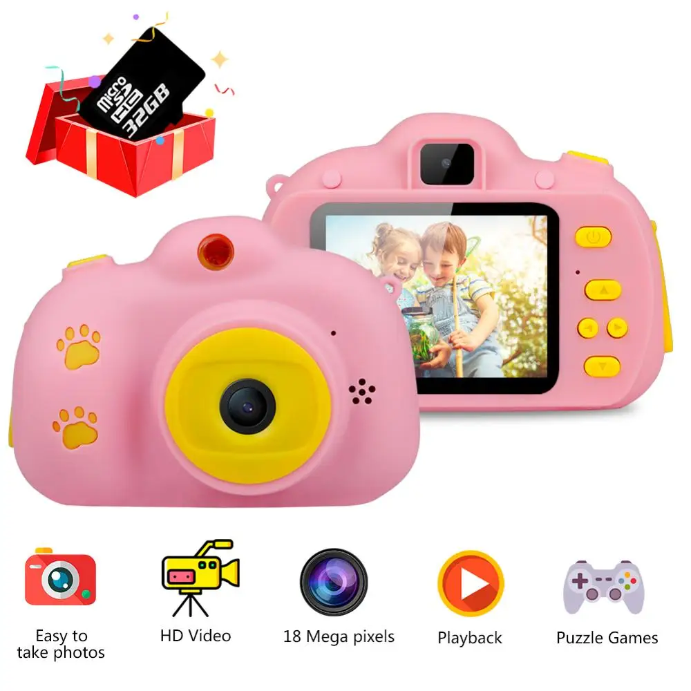 

Kids Camera Toys Kids Digital Camera 18MP HD With 32G Card 2.4 Inches Screen Dual Selfie Video Game Camcorder Toys For Children