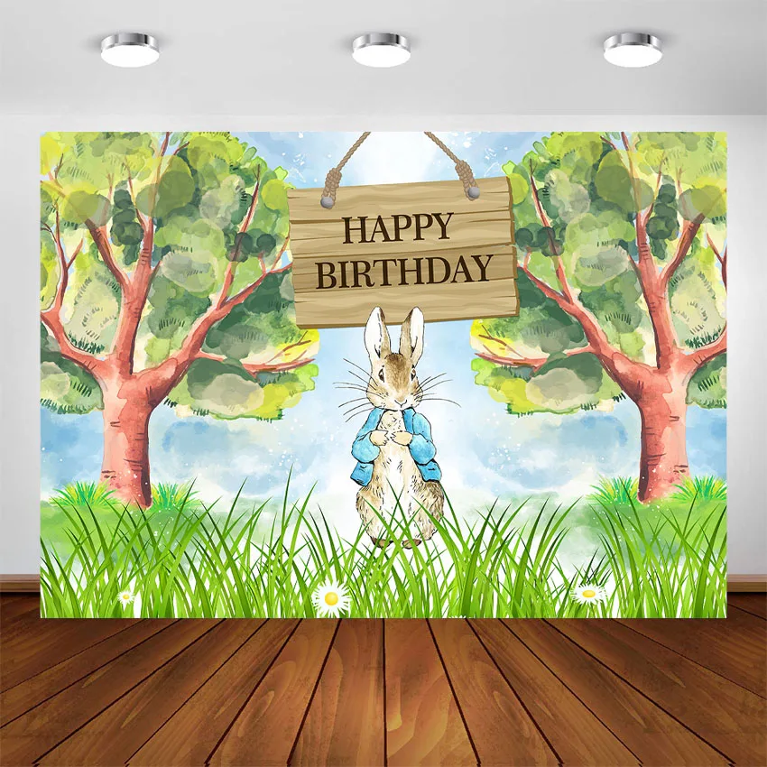 

Rabbit Theme Birthday Party Backdrop Baby Girl Spring Easter Birthday Banner Decorations Custom Photography Backdrop Photobooth
