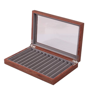 

Wooden 12 Pen Storage Box,Glass Pen Display Box with Lid Storage Box, Top Glass Window Pen Collection Display Box