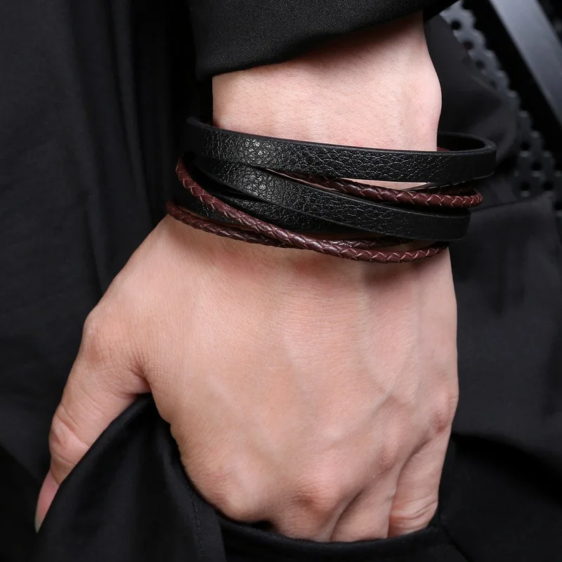 Модные ювелирные изделия, мужской браслет, кожа, большая черная пряжка, браслеты и браслеты, плетеные браслеты для мужчин, коричневый браслет на руку