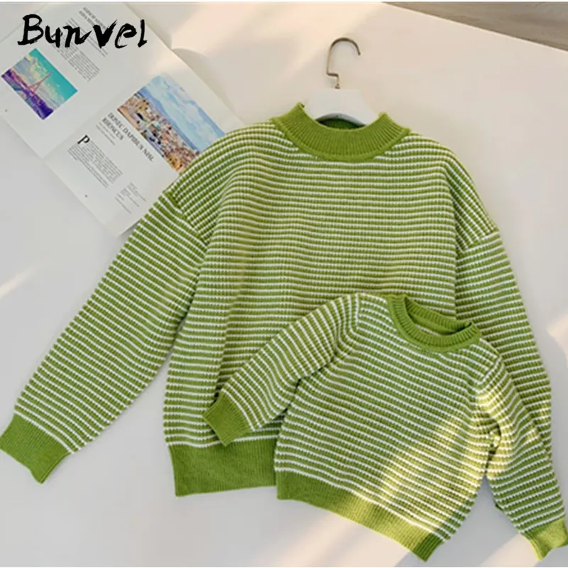 Green Bunvel/свитер; одинаковые комплекты для семьи; зеленый и черный свитер в полоску для маленьких девочек и мальчиков; свитер для мамы и дочки; f - Color: Green