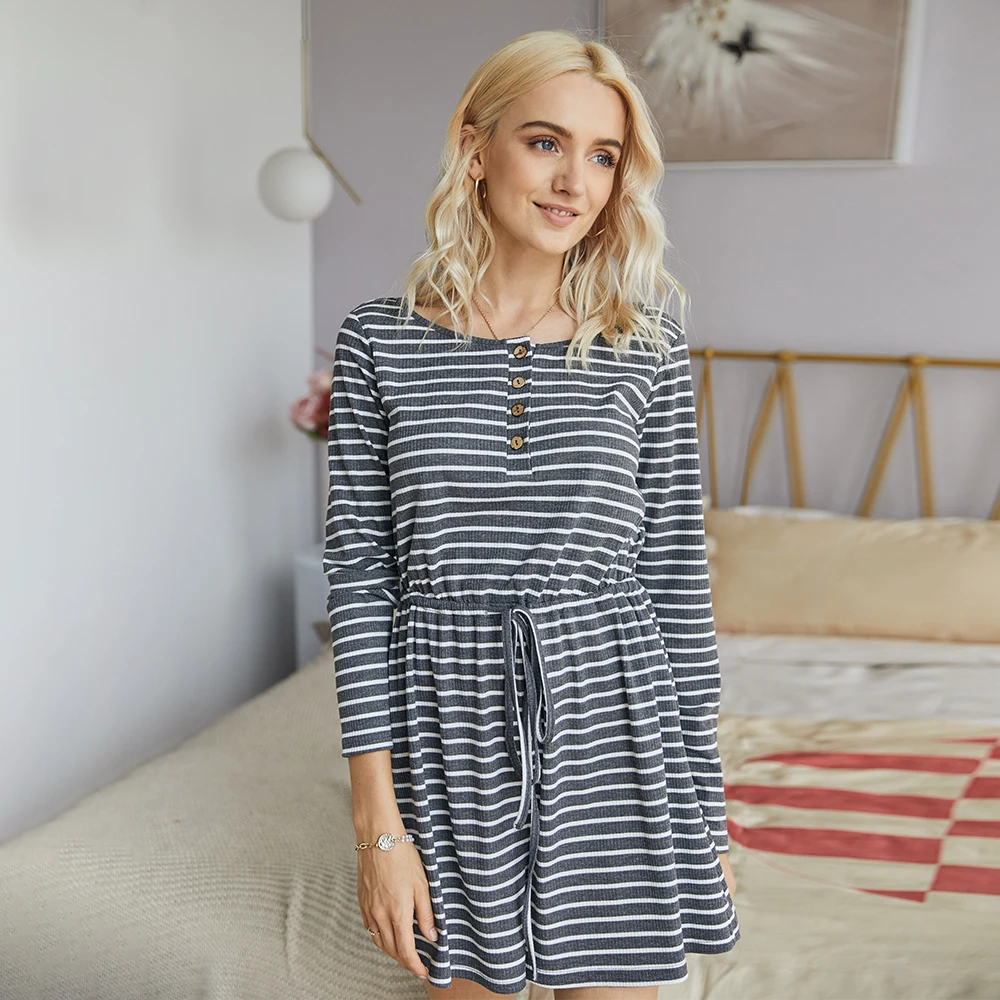 

Summer Knitted Striped Playsuits Women Lace up Loose Casual O Neck Full Sleeve Playsuits 2020 New