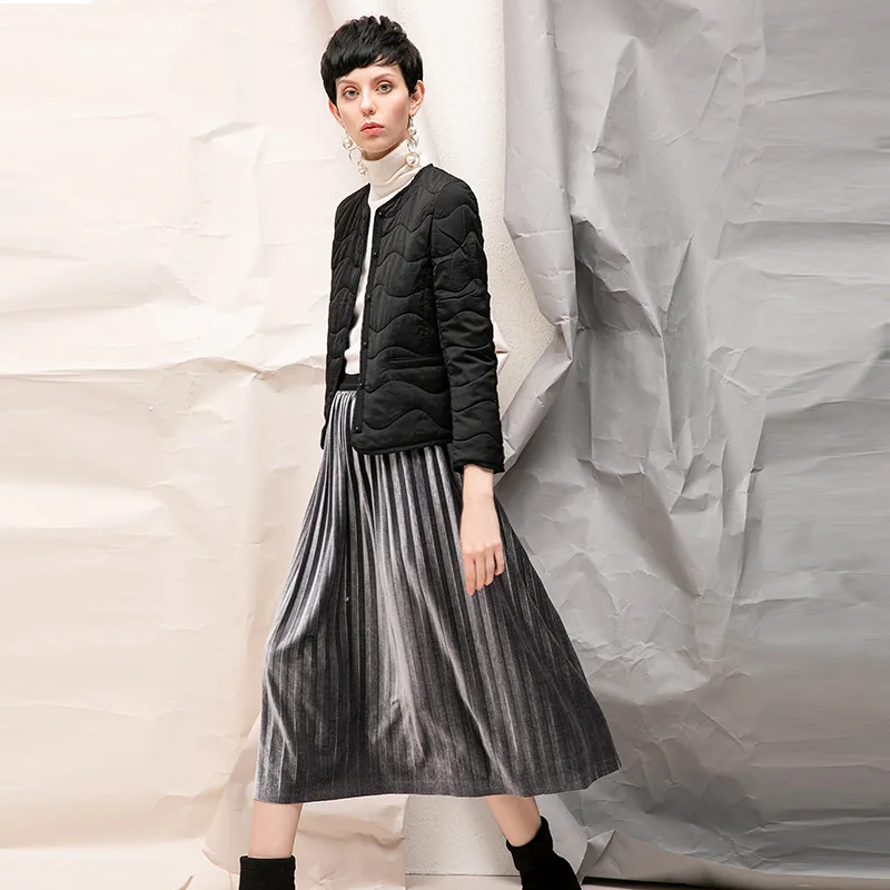 

2019 New Style Wave Pattern Crepe Small Cotton Coat Women's Short Solid Color Long Sleeve Crew Neck Winter MAX-Women's Thin Cott