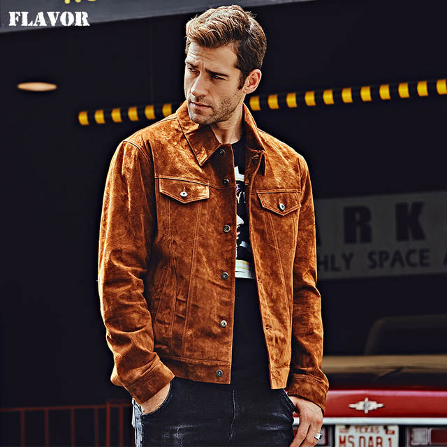 Men’s Genuine Leather Jacket Pigskin Brown Real Leather Jackets Autumn Denim Men Coat