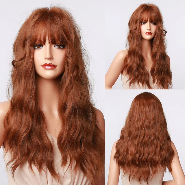 HENRY MARGU Long Wavy Auburn Red Synthetic Wigs with Bangs Kinky Curly Natural Hairs for Daily Cosplay Party Heat Resistant Wigs LC5065-1