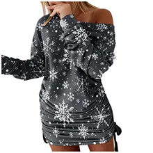 

Women's Christmas Bodycon Dress Snowflake Printed O Neck Off-shoulder Sweatshirts Dress Casual Long Sleeve Short Dresses Female