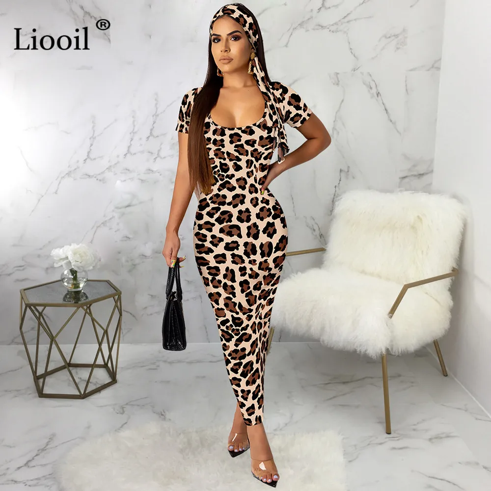 Liooil, леопардовое, сексуальное, облегающее, длинное, макси платье, для женщин, Осень-зима, короткий рукав, о-образный вырез, пояс, для ночного клуба, вечерние, обтягивающие платья