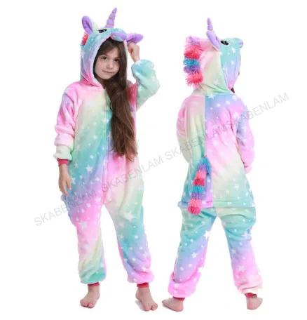 Pink Stars Onesie/Детская Пижама кигуруми с единорогом; зимняя Пижама с пандой; Пижама с единорогом для мальчиков и девочек; Фланелевая пижама с животными для костюмированной вечеринки; одежда для сна с капюшоном - Цвет: Pink Stars