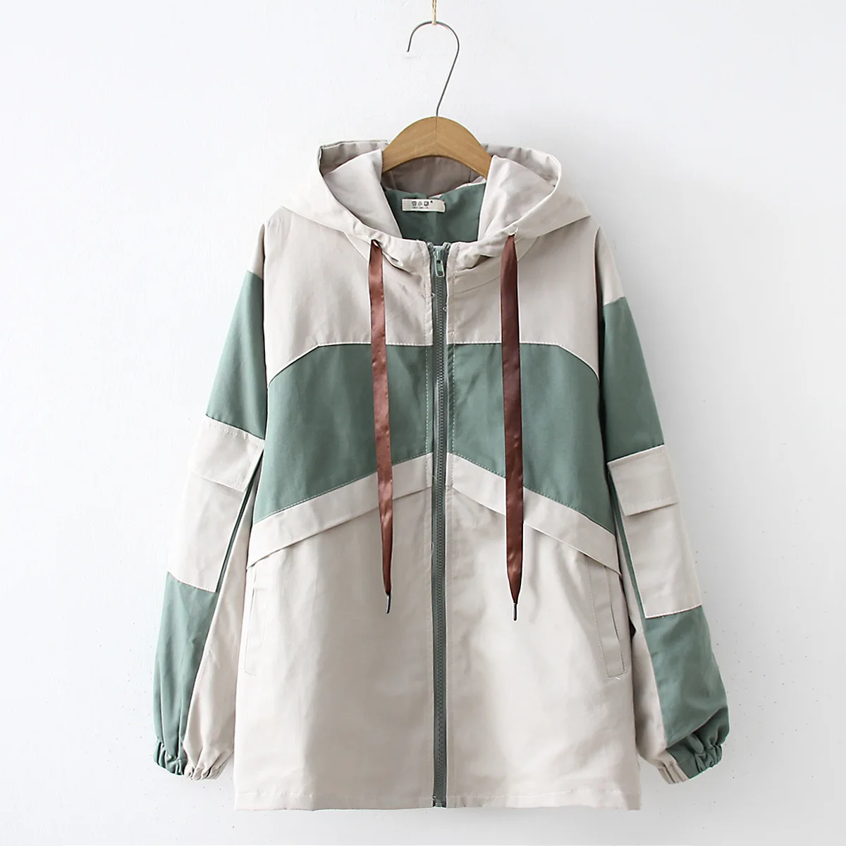 

Japanese-style Mori Girl Line Hipster Mixed Colors Ribbon Hooded Coat Student Loose-Fit Versatile Baseball Uniform Autumn Clothi