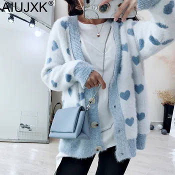 

AIUJXK Cute Heart Mohair Sweaters Women Fashion Long Sleeve Knitted Cardigan Female Korean Style Casual Coat Autumn Winter Pink