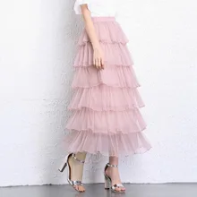 

2021 New Elegant Long Tulle Skirt Women Pink Black Princess Tiered Skirts Female Lace Mesh Skirt Girl Long Maxi SKirts Femme