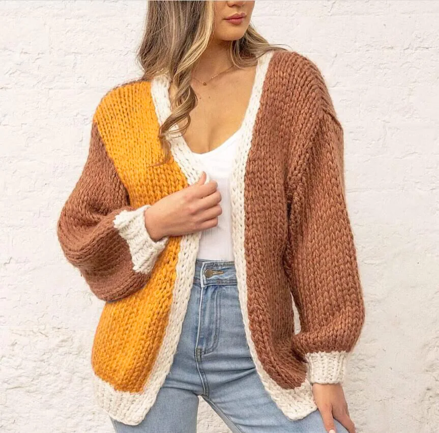 Women Autumn Winter Knitted Cardigan Jacket Color Patchwork Long Sleeve Casual Loose Knitwear All-match Warm Sweaters Coat Tops |