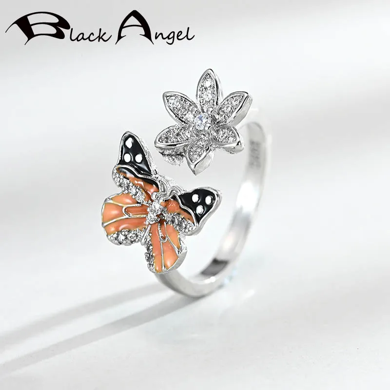 

BLACK ANGEL Fashion Handmade Yellow Enamel Flowers Cute Butterfly Finger Ring For Women 925 Silver White CZ Insect Jewelry Gift
