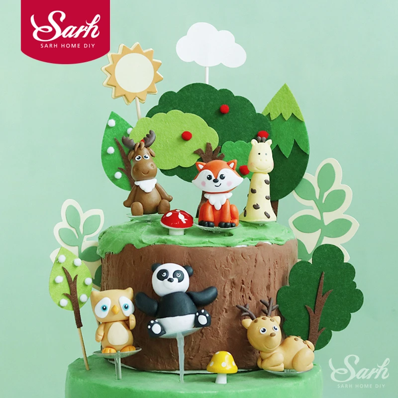 

Fox Owl Sika Deer Happy Birthday Cake Topper Green Felt Trees Mushroom for Child Kid Party Decor Supplies Wedding Bake Love Gift