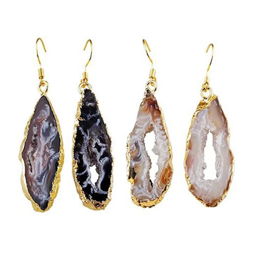 

KFT Wholesale Natural Druzy Irregular Stone Earring Agates slices Geode Quartz Stone Dangle Hook Earrings For Women Jewelry