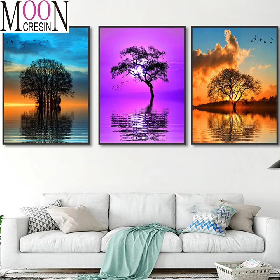 

3 pcs round diamond embroidery lakeTree diamond painting 5D square by hand 3d Dream Landscape picture rhinestones home decor,