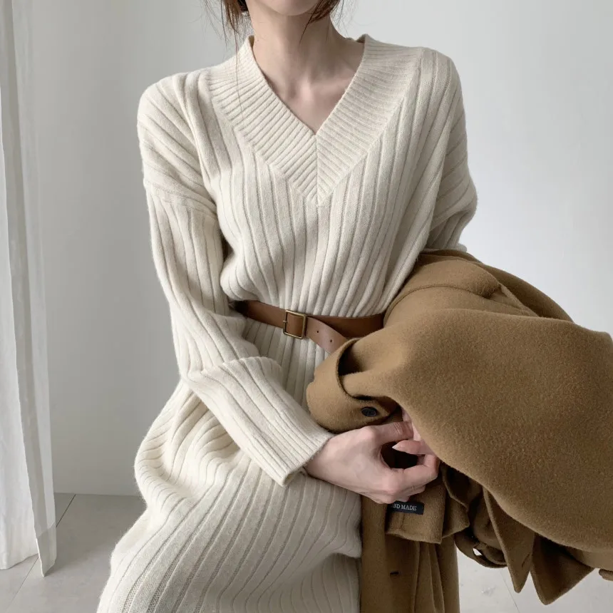 

Temperament Straight Knit V-Neck Dress Autumn And Winter Women's Mid-Length Over-The-Knee Base Wweater
