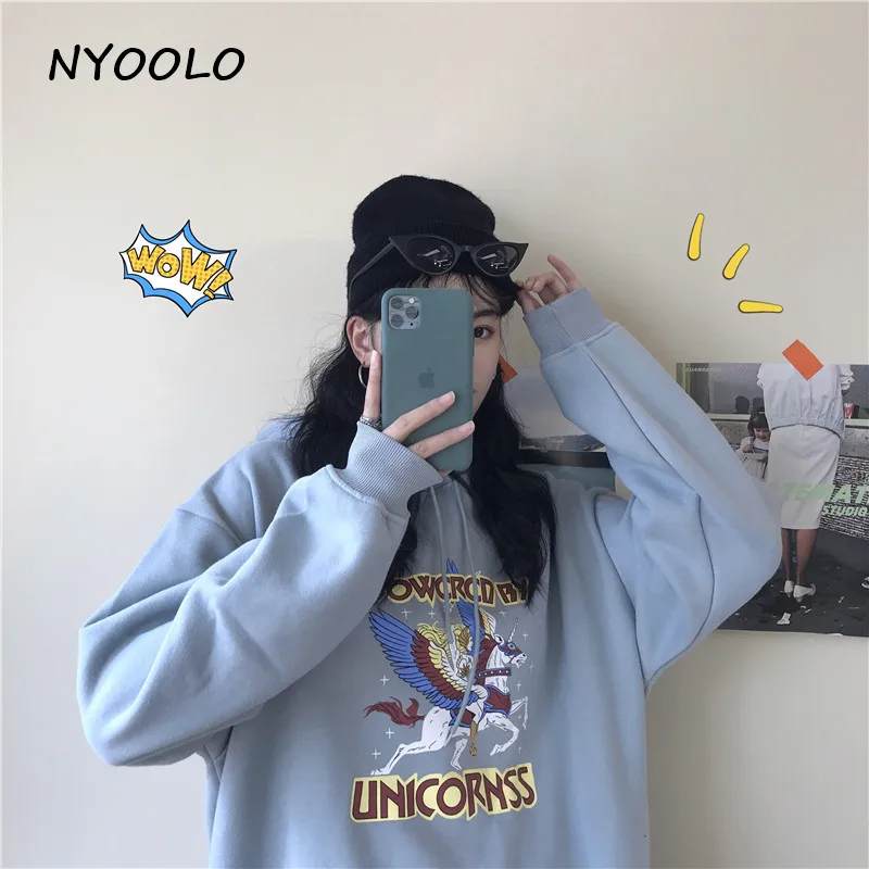 NYOOLO, Осень-зима, лошадиные крылья, с буквенным принтом, теплые толстовки, повседневные, уличные, свободные, плюс бархат, пуловер, толстовка с капюшоном, Женский Топ