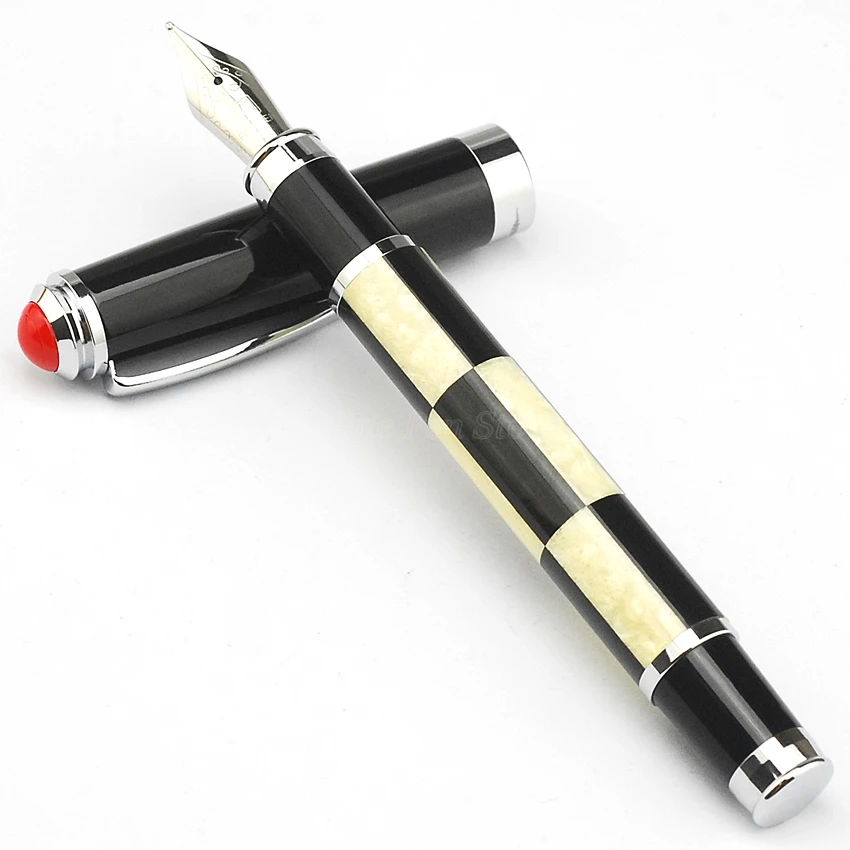 Fuliwen Metal Black And White Checked Celluloid Fountain Pen Broad Nib 0.7mm Professional Stationery Supplies Writing Tool Gift