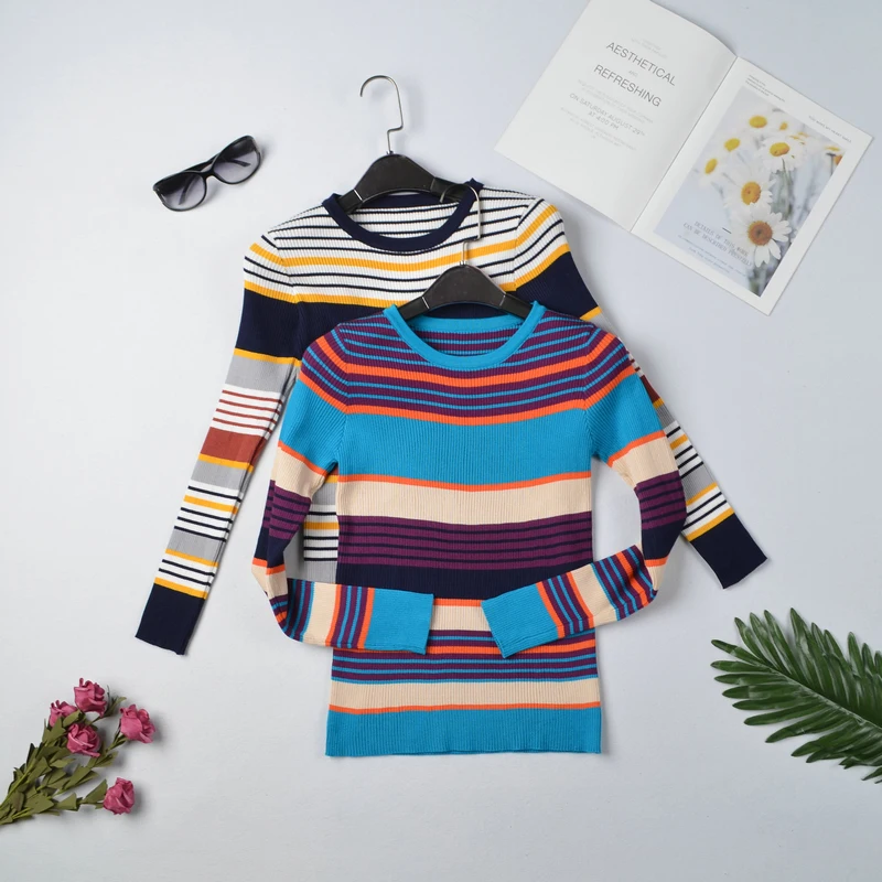 

2020 New Autumn Winter Color Stripe Sweater Pullovers Women Long Sleeve Casual Chic Sweater Woman Clothes Knitted Jumpers Tops