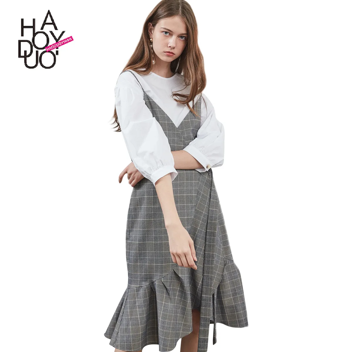 

Haoduoyi Europe And America Fashion Simple Retro Pattern Side Lace-up Camisole Flounced Hem Dress