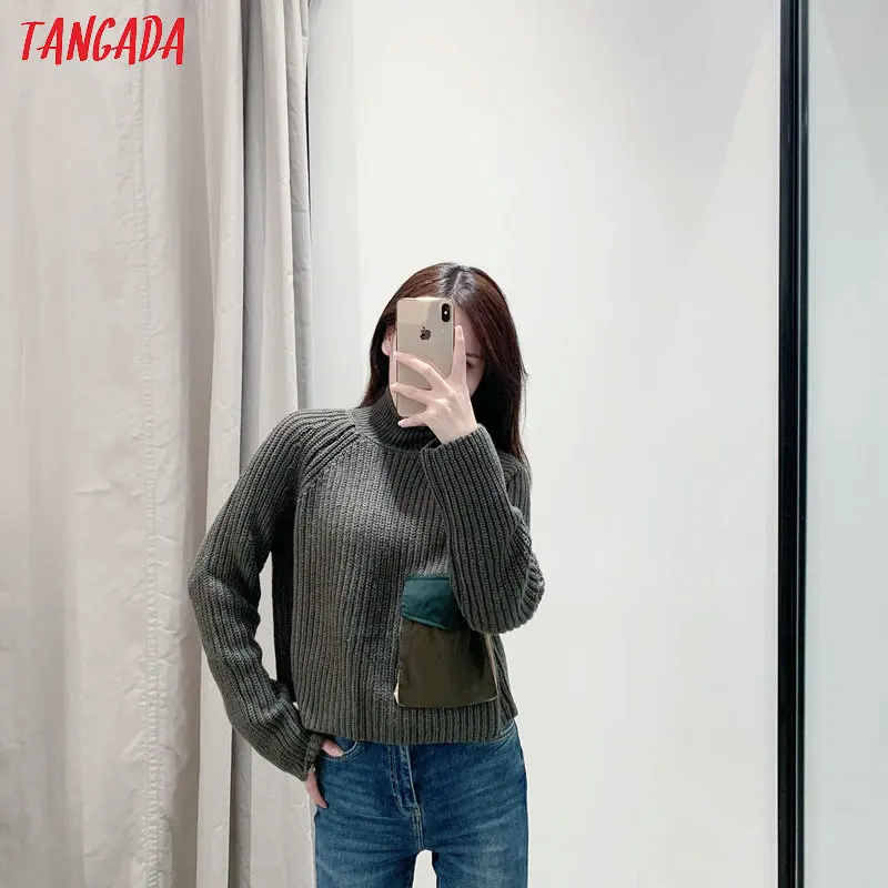 Tangada, женский свитер с воротником-хомутом, с карманами, amygreen, тянущийся,, зимний теплый милый свитер с оборками, вязанный Топ 3H146