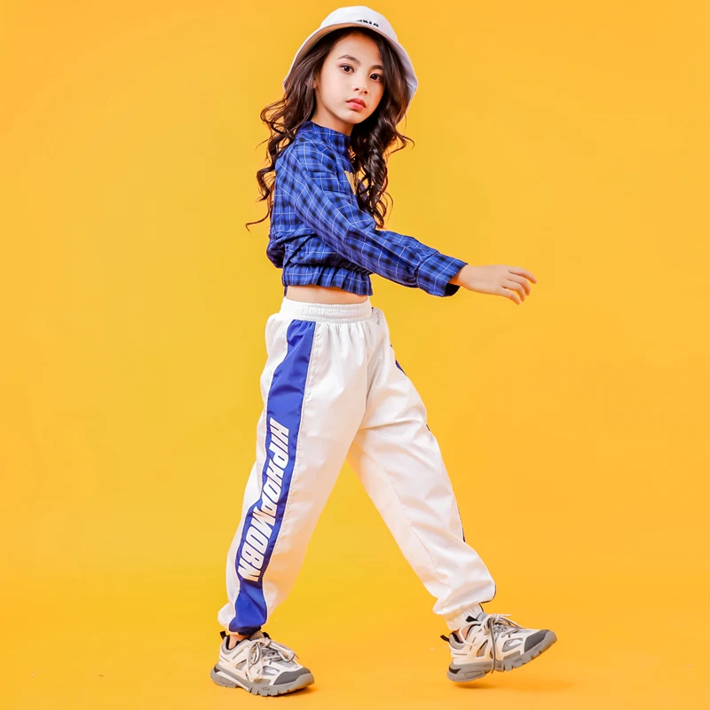Blue Girls Boys Hip Hop Hoodies Dance Clothes for Kids Jazz Dancing Costumes SweaterShirt Ballroom Crop Tops Plaid Jogger Pants (4)