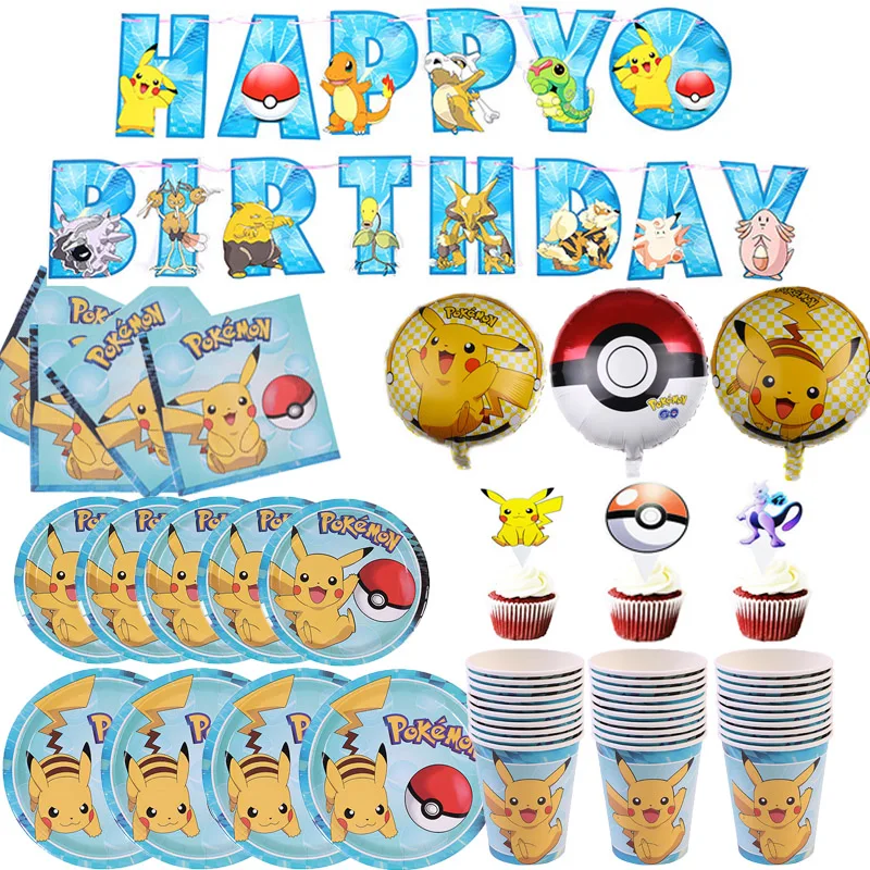 Decoraciones desechables para fiesta de cumpleaños de Pokémon, conjunto de vajilla para fiesta, vasos de papel, platos de papel, suministros de fiesta para niños