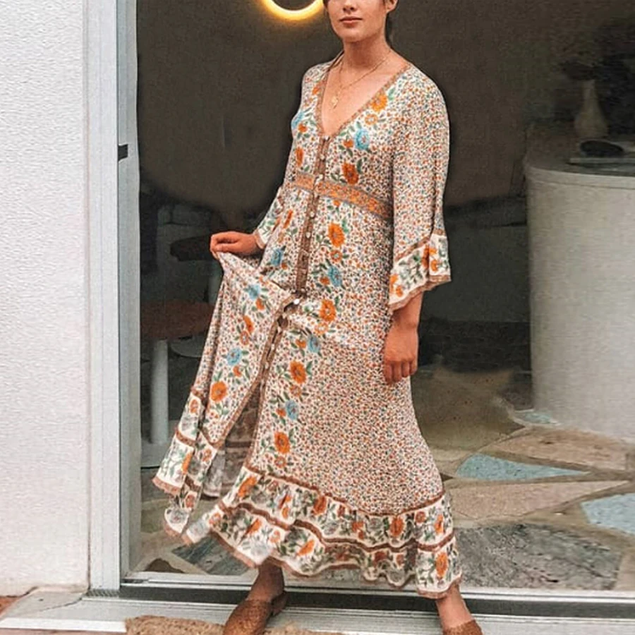 TEELYNN Gypsy Макси женские платья цвета хаки из вискозы с цветочным принтом летние платья сексуальное с v-образным вырезом с регулируемым поясом бохо платье vestidos