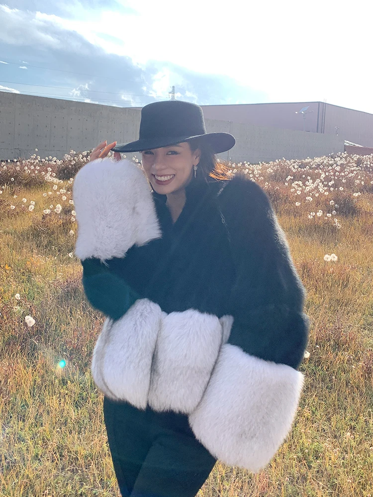 Winter New Real Fox Fur Coat V-neck Trendy Color Patchwork Full Pelt Genuine Fox Fur Jacket Thick Warm Fur Overcoat Luxury Woman