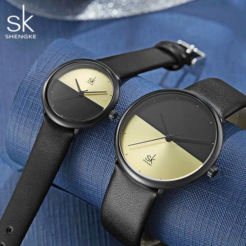 Shengke Кожаные Парные часы для влюбленных, Роскошные Кварцевые женские и мужские наручные часы из кожи, подарок на Рождество и день рождения# K9016