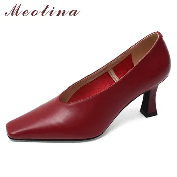 

Meotina Genuine Leather High Heel Glove Shoes Women Pumps Square Toe Thin Heels Dress Footwear Lady Autumn Beige Large Size 40