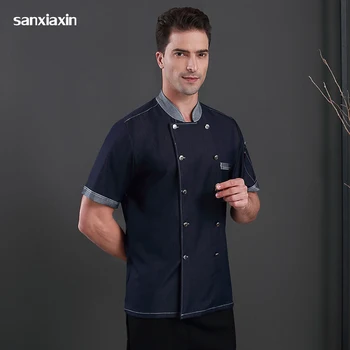 

New short sleeves Denim jackets Hotel uniform Men and women Kitchen catering coats coffee shop cooking work clothes men M-4XL