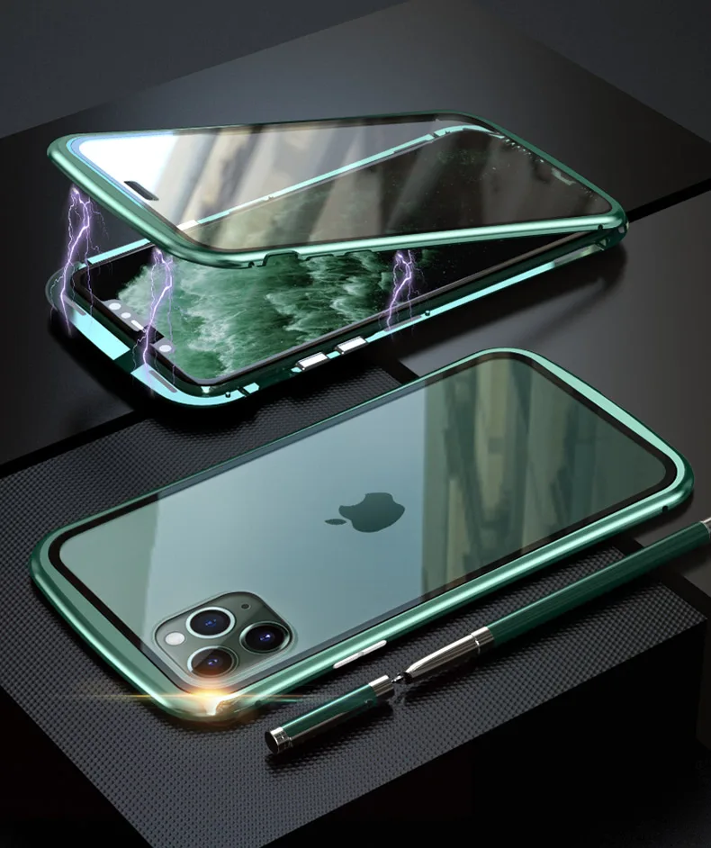 Для IPhone 11 Pro Max Магнитный чехол Роскошный Алюминиевый металлический бампер двухсторонний закаленное стекло Магнитный чехол 360 Защитный чехол