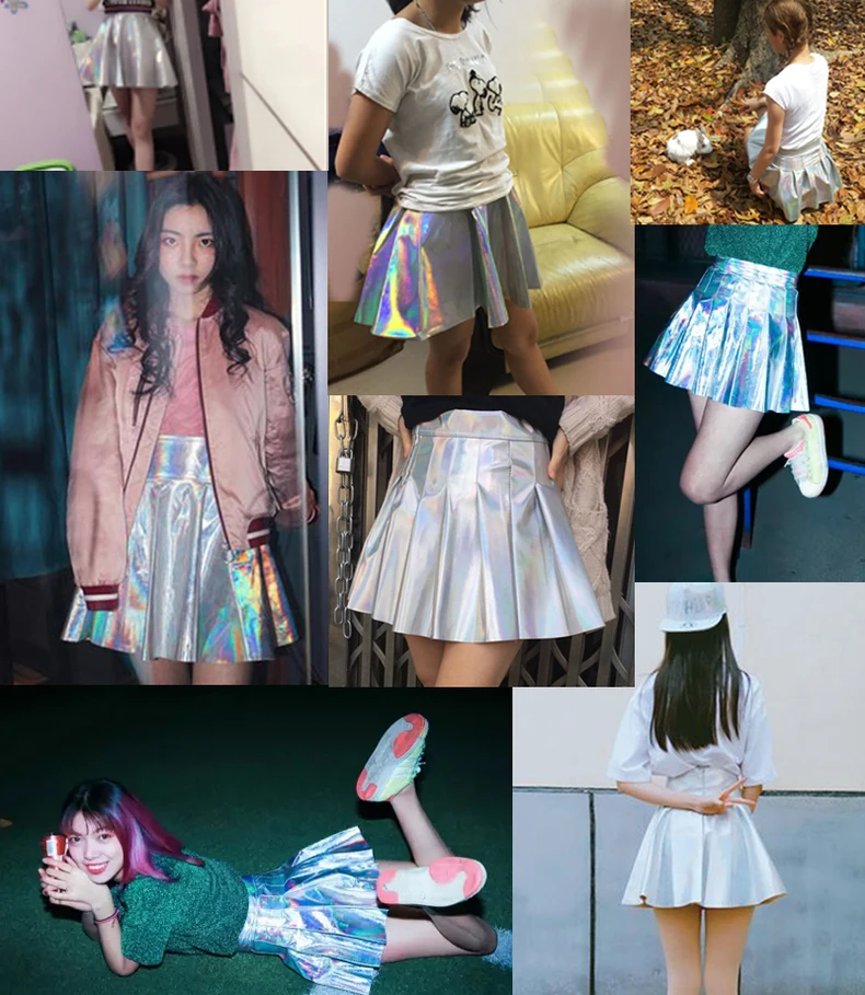 Японская новая плиссированная юбка Harajuku Серебряная блестящая флуоресцентная юбка Лазерная Женская юбка из искусственной кожи с высокой талией уличная юбка Harajuku