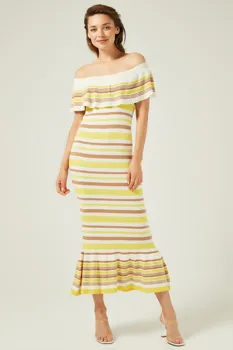

Bardod Frilled Striped Sweater Dress-Yellow