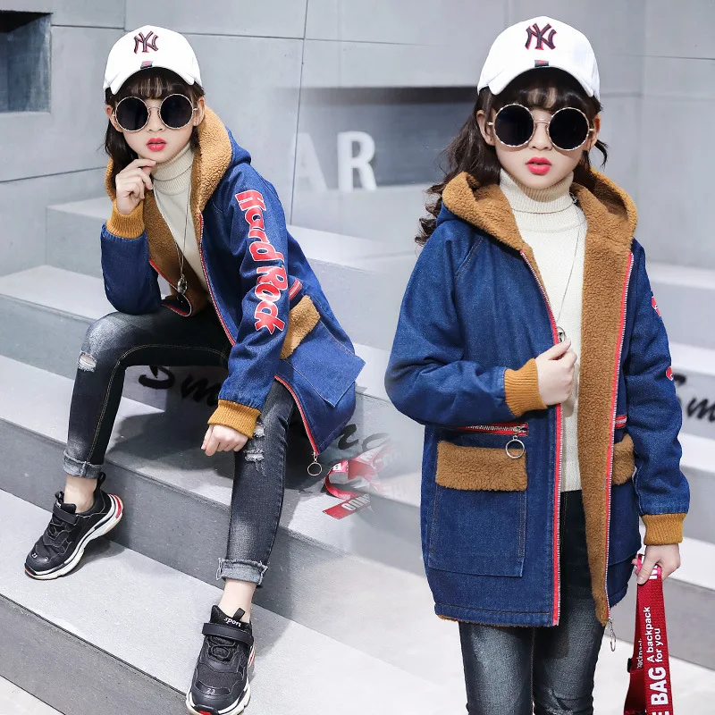 

2019 Winter New Style Korean-style Mid-length Men And Women Children Caramel Berber Fleece Denim Windbreaker Thick Coat Overcoat
