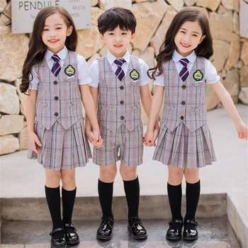 

Japanese School Uniform for Girls Boy Plaid Vest+shirts+skirts/pants Suit Kids Costume British Style Korean Student Children